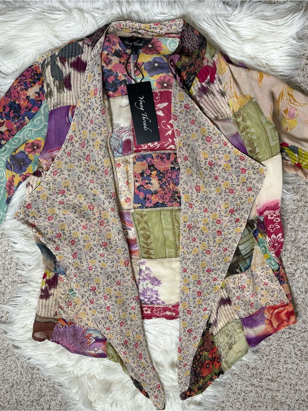 Young Threads Floral Patchwork Open Front Jacket NWT Lg